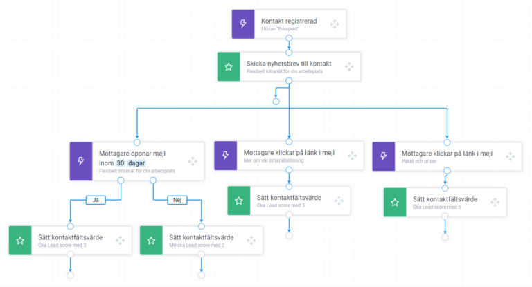 Example flow in Paloma marketing automation where clicks and email opens lead to an increased lead score.