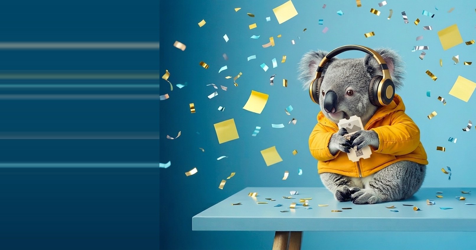 Palomas maskot håller upp en eventbiljett bland konfetti